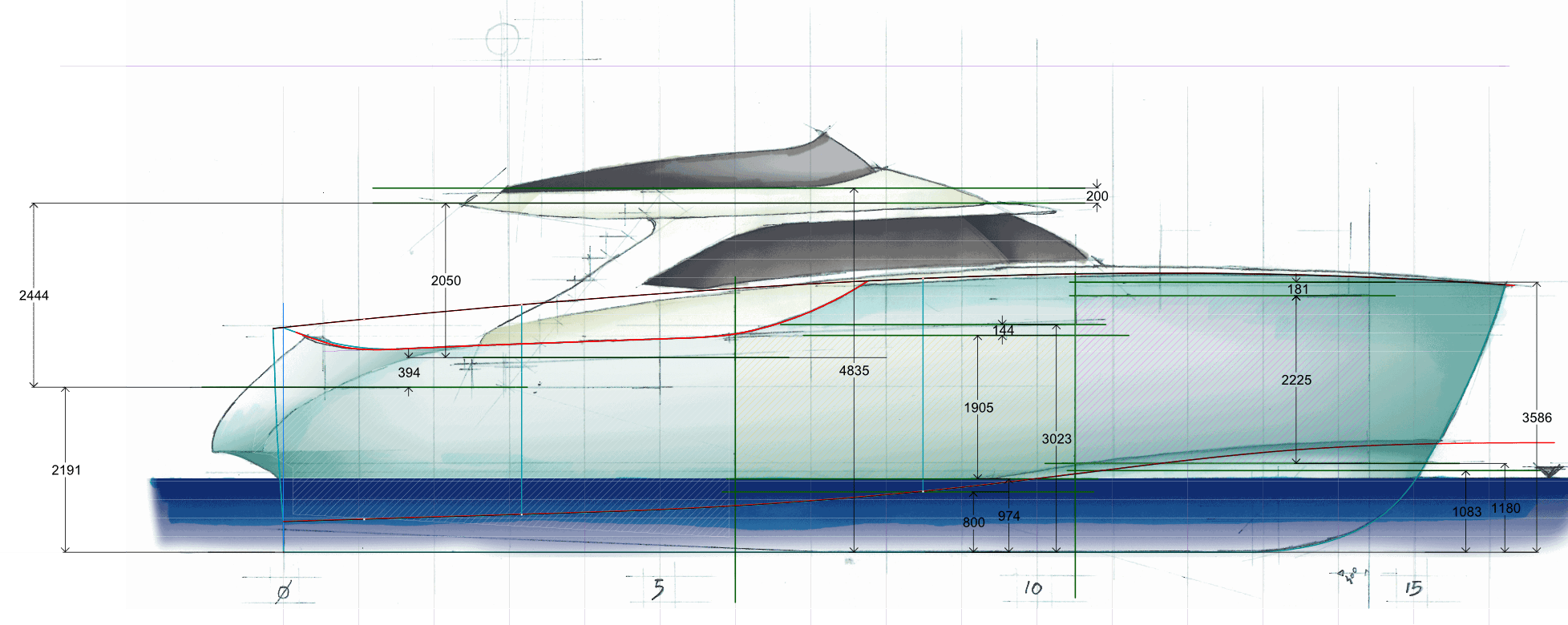 istante 1 yacht-general arrangement-profile-sketch architect-carignani-design-concept-luxury-boat-motor